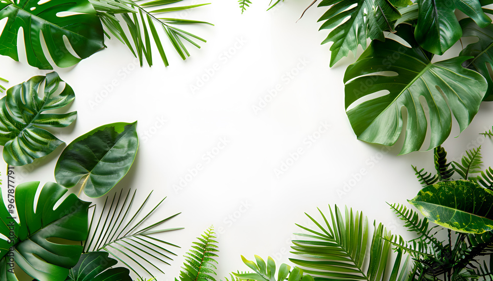Frame made of different lush tropical leaves on white background, top view. Space for text Frame made of different lush tropical leaves on white background, top view. Space for text