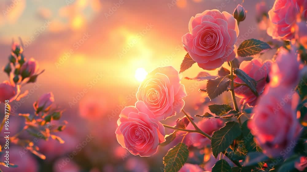 pink rose endless flower field with romantic sunset sunlight