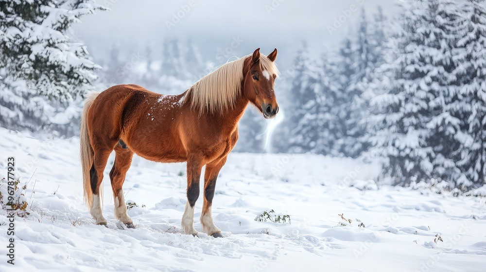 Horse Standing In Snowy Meadow Horse Standing In Snowy Meadow