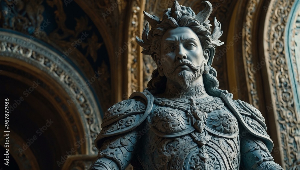 Detailed sculpture of a mythical figure, with ornate elements and a commanding presence.