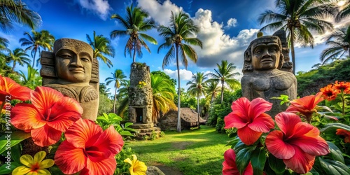 Vibrant hibiscus flowers bloom amidst lush greenery and ancient stone tiki statues on a sun-kissed tropical island, photo