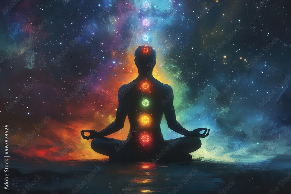 Enlightened figure with chakras glowing, deep in contemplative thought amidst cosmic background, chakra thinking, spiritual meditation Enlightened figure with chakras glowing, deep in contemplative thought amidst cosmic background, chakra thinking, spiritual meditation