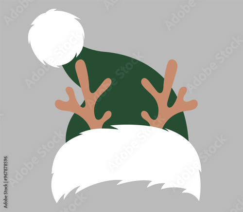 Green funny hat of Santa Claus with deer antlers. Christmas vector element for design.