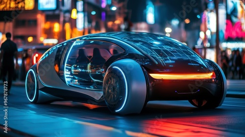 Futuristic Black Car With Blue Neon Lights Driving on a City Street at Night