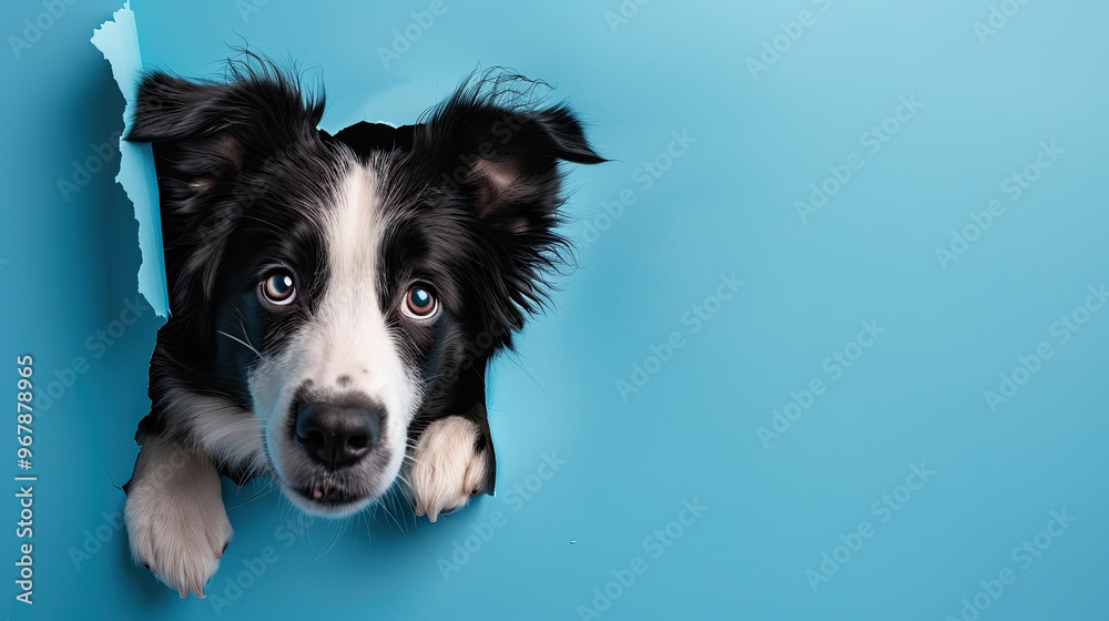 cute border collie peeking through a hole in a blue paper wall cute border collie peeking through a hole in a blue paper wall