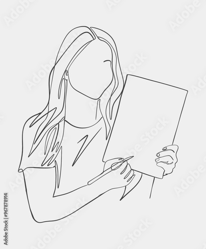 A minimalist line art illustration of a woman holding a piece of paper, symbolizing creativity, art, or work in progress.