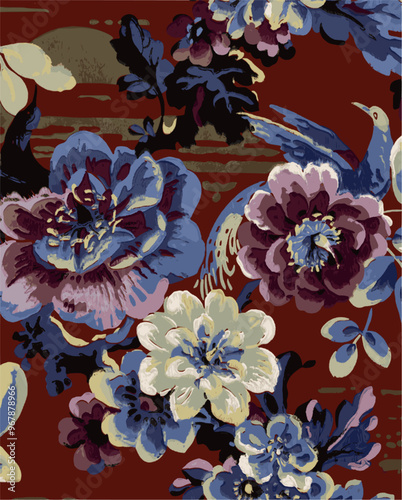 Asian-inspired floral pattern featuring stylized birds and flowers in bold colors against a deep red background.