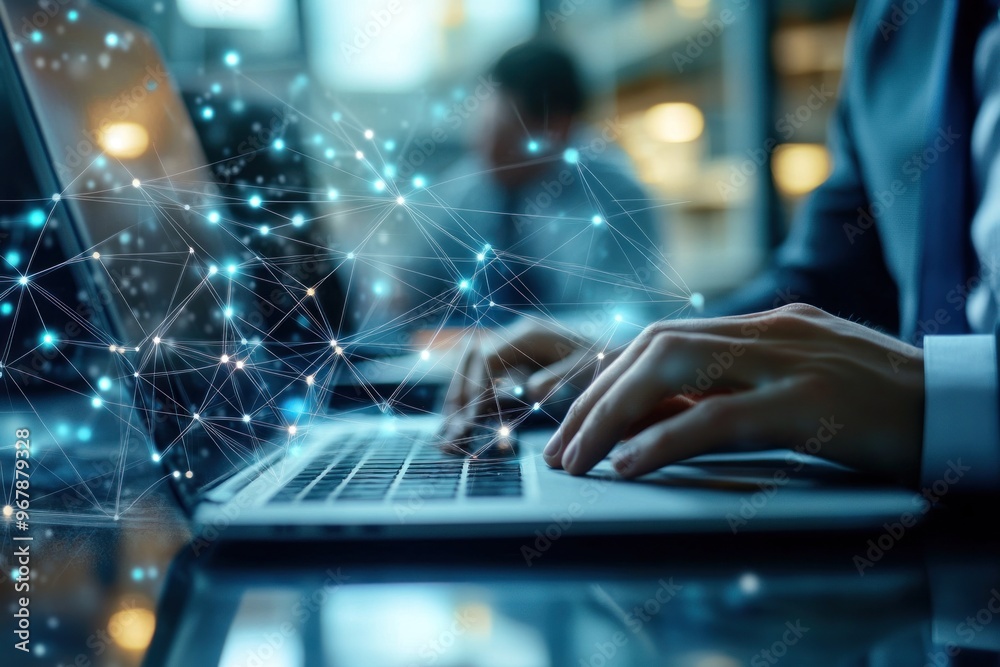 Hands Typing on Laptop with Abstract Network Overlay Hands Typing on Laptop with Abstract Network Overlay