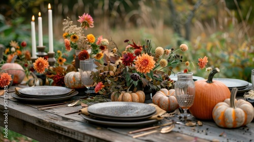 Rustic autumnal table setting with pumpkins, flowers and candles.