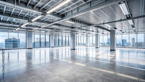 Modern empty floor near large glass building, showcasing spacious and bright interior with city views. atmosphere is open and inviting, perfect for new possibilities