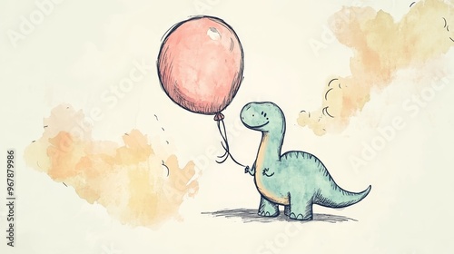 Fototapeta Naklejka Na Ścianę i Meble -  A cheerful dinosaur holding a pink balloon, perfect for children's illustrations and playful designs.