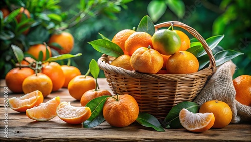 Vibrant, juicy mandarin oranges, peeled and segmented, overflow from a woven bamboo basket on a rustic wooden table photo