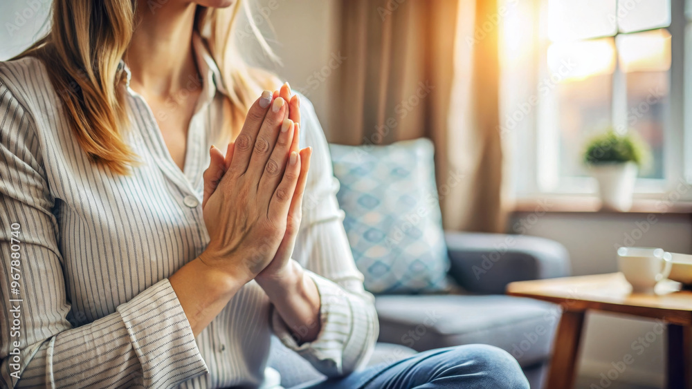 A woman with clasped hands is seen praying at home, expressing deep sense of spirituality and connection to God. warm light from window enhances serene atmosphere A woman with clasped hands is seen praying at home, expressing deep sense of spirituality and connection to God. warm light from window enhances serene atmosphere