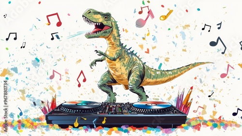 A vibrant dinosaur DJ spins tracks at a colorful party, surrounded by musical notes and confetti, bringing joy and fun. photo