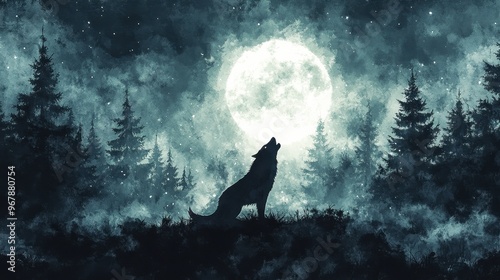 Dark silhouette of a werewolf howling at a full moon in a forest clearing, surrounded by fog and glowing eyes in the dark, watercolor style