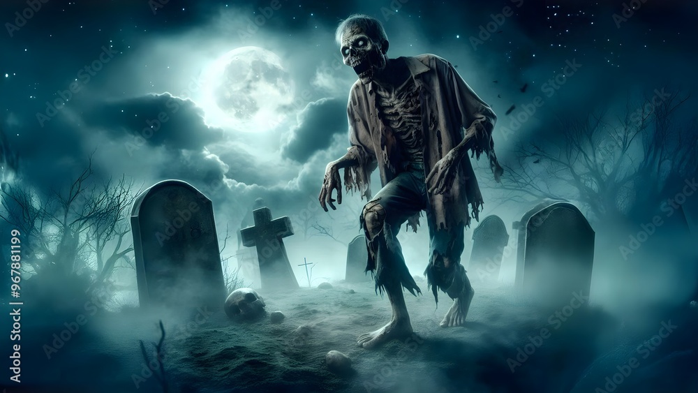 A zombie walking through a graveyard with a full moon A zombie walking through a graveyard with a full moon