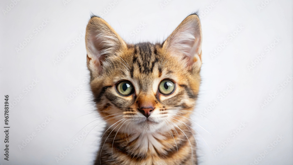 A playful and curious kitten with striking green eyes and beautiful striped coat, showcasing its adorable features against clean white background A playful and curious kitten with striking green eyes and beautiful striped coat, showcasing its adorable features against clean white background
