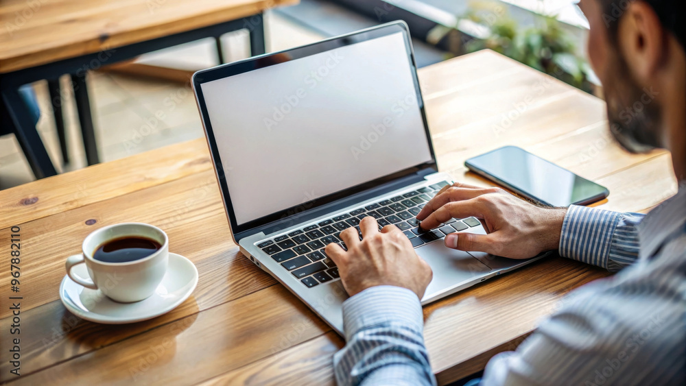 A person is working on laptop with blank screen, sitting at wooden table with cup of coffee and smartphone nearby. atmosphere is focused and productive A person is working on laptop with blank screen, sitting at wooden table with cup of coffee and smartphone nearby. atmosphere is focused and productive
