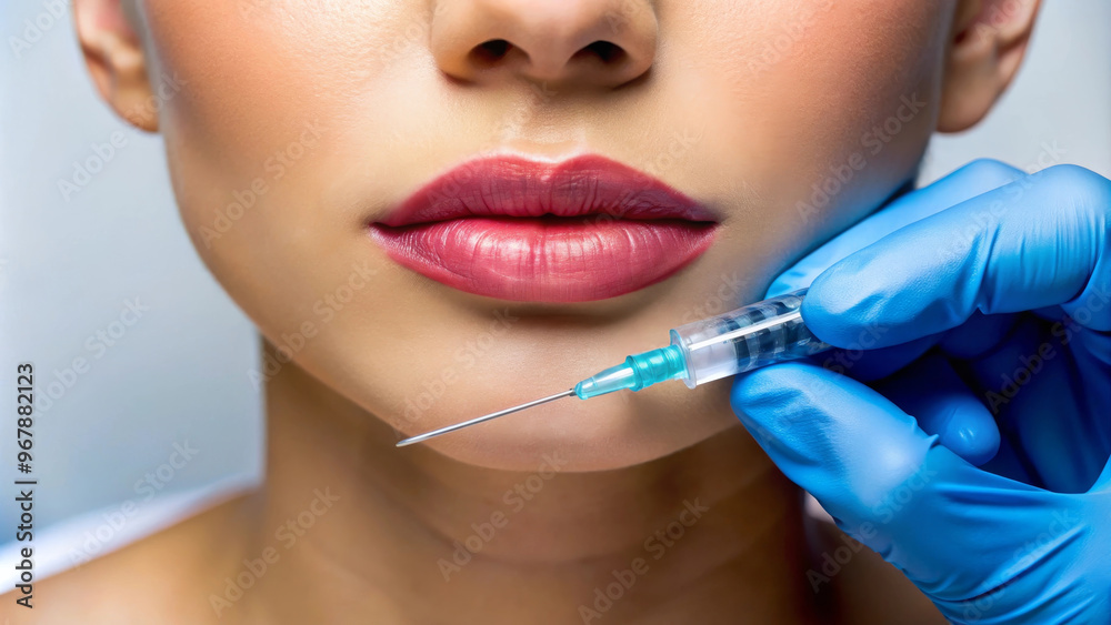 Enhance your beauty with lip augmentation procedure, showcasing close up of sensual female lips. image captures moment of injection, highlighting artistry of cosmetic enhancement