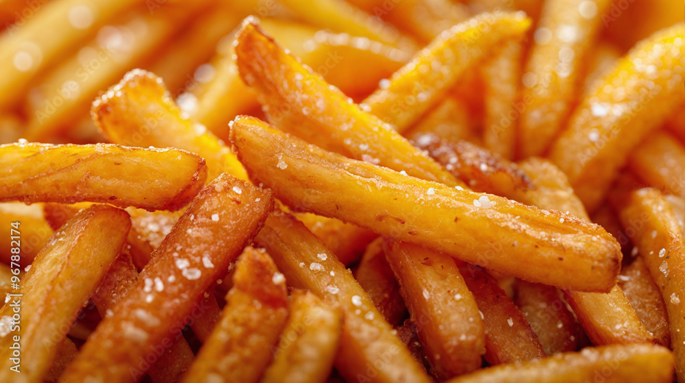 Golden crispy French fries, sprinkled with salt, showing their delicious texture in a close-up view. Golden crispy French fries, sprinkled with salt, showing their delicious texture in a close-up view.
