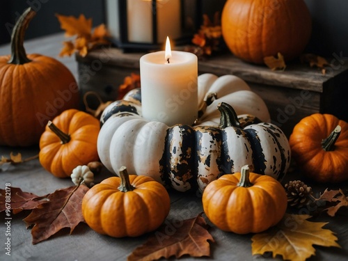 Fall decorations with pumpkins, candles, and autumn leaves in a cozy setup.