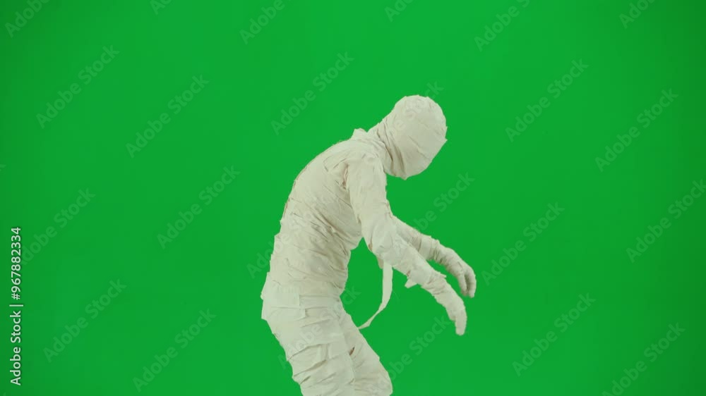 Portrait of person in a mummy bandage on chroma key green screen background. Mummy covered in white cloth ribbons bended and walking funnily. Portrait of person in a mummy bandage on chroma key green screen background. Mummy covered in white cloth ribbons bended and walking funnily.