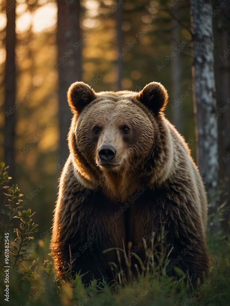 Female bear in a summer forest, captured during the golden hour of sunset. Female bear in a summer forest, captured during the golden hour of sunset.
