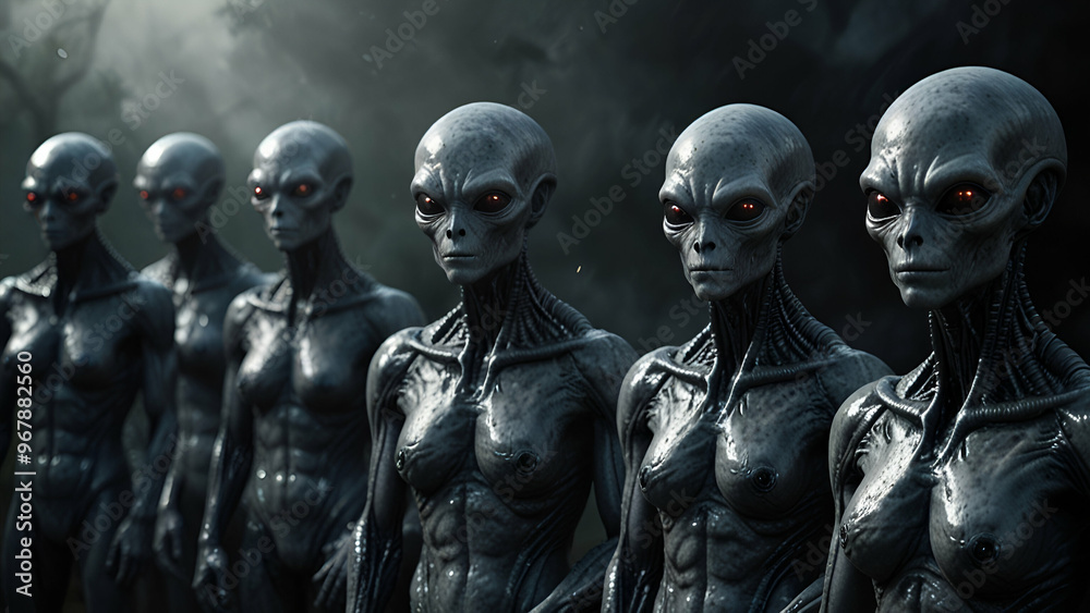 Group of Aliens, Sci-Fi Extraterrestrial Invasion and Paranormal Visit Group of Aliens, Sci-Fi Extraterrestrial Invasion and Paranormal Visit