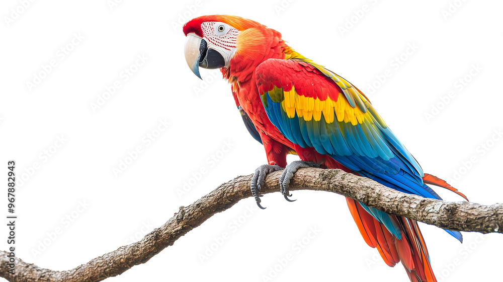 Obraz premium Exocotic colorful parrot on tree branch isolated on transparent or white background