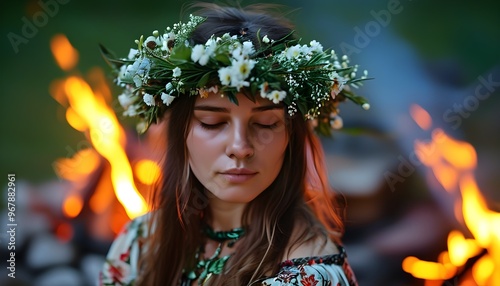 Celebration of Summer Solstice with a woman adorned in a floral wreath surrounded by bonfire, embracing Slavic pagan traditions and witchcore aesthetics photo