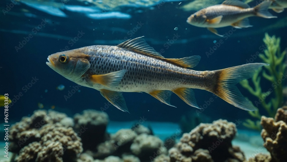 Fish gracefully swim in an aquarium, showcasing underwater tranquility and beauty.