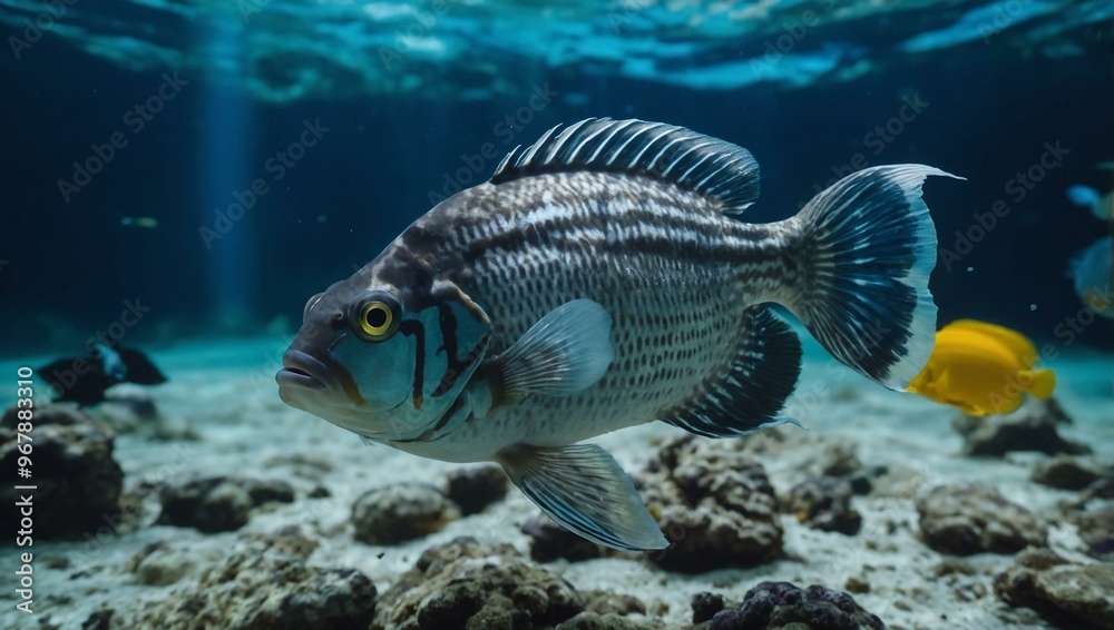 Fish gracefully swim in an aquarium, showcasing underwater tranquility and beauty. Fish gracefully swim in an aquarium, showcasing underwater tranquility and beauty.