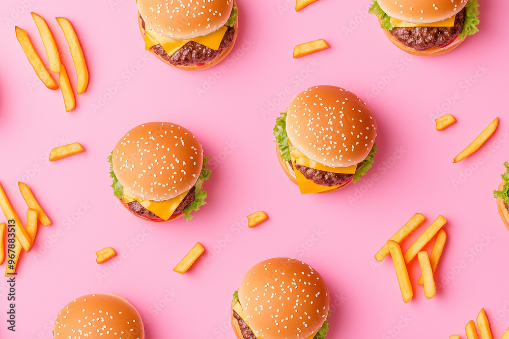 cheeseburgers and french fries pattern on a pastel pink background cheeseburgers and french fries pattern on a pastel pink background