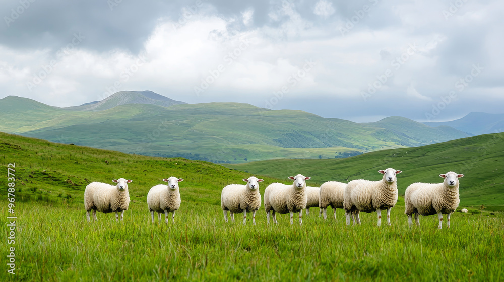 A picturesque view of sheep grazing on lush green hills under a cloudy sky, showcasing the beauty of nature. A picturesque view of sheep grazing on lush green hills under a cloudy sky, showcasing the beauty of nature.