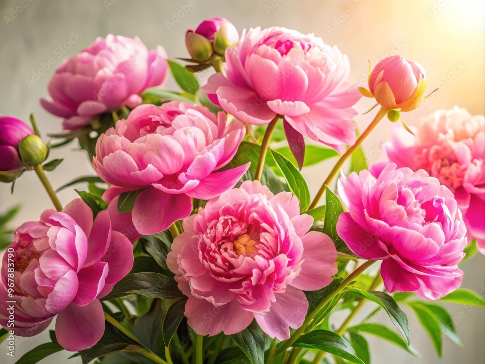 Vibrant pink peonies bloom against a soft, creamy white background, their delicate petals and lush green leaves Vibrant pink peonies bloom against a soft, creamy white background, their delicate petals and lush green leaves