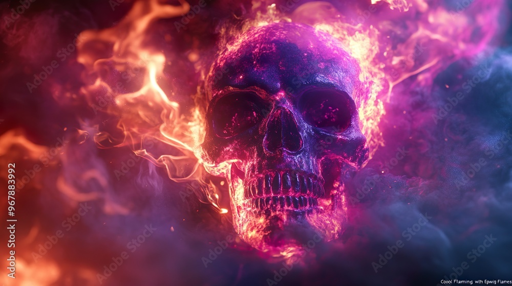 Dark and shadowy scene featuring a neon skull with fiery flames and glowing skeletal bones. Dark and shadowy scene featuring a neon skull with fiery flames and glowing skeletal bones.