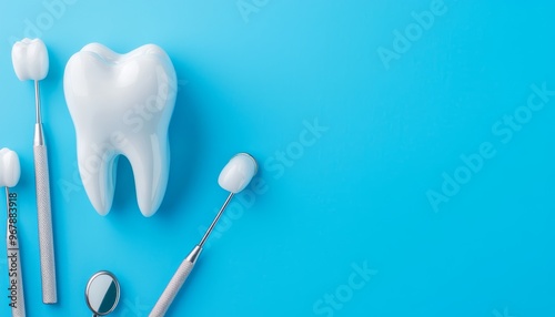 A clean arrangement of dental tools and a tooth model, bright blue background, symbolizing oral care