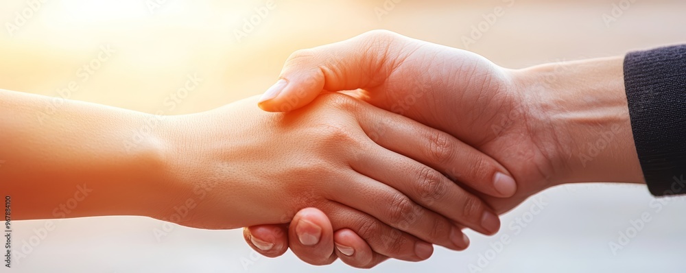 Fototapeta premium A close-up of hands grasping in comfort, soft golden light, evoking empathy and human connection