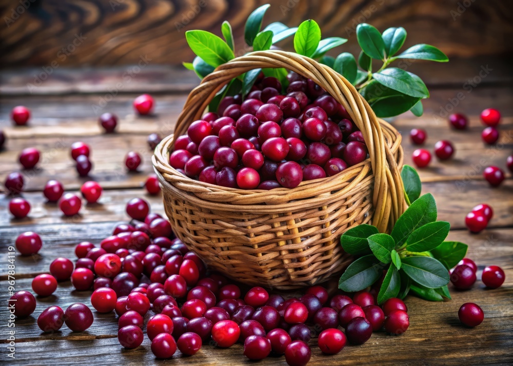 Vibrant purple capulines, also known as Mexican cranberries, overflow from a woven basket, surrounded by lush green Vibrant purple capulines, also known as Mexican cranberries, overflow from a woven basket, surrounded by lush green