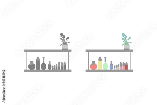 Vector illustration with a cupboard containing medicine bottles.