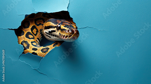 cute african rock python peeking through a hole in a blue paper wall photo