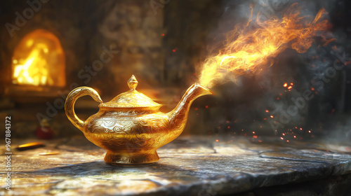 Golden magic lamp, fairy tale concept. photo