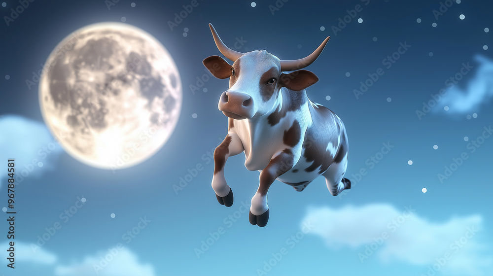 Flying cow jumping over the moon in a night sky. Flying cow jumping over the moon in a night sky.