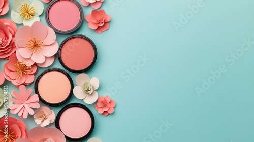 Paper makeup palette with each color pan beautifully detailed, surrounded by paper flowers, minimalist flatlay, pastel background photo