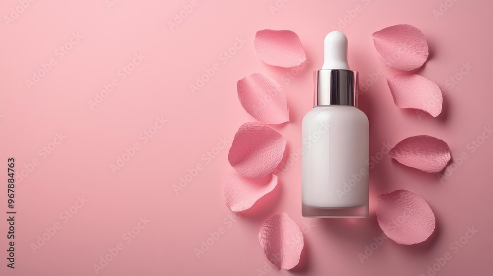 Skincare serum bottle made from paper, intricate cut-out designs, surrounded by paper petals, soft shadows, pastel background Skincare serum bottle made from paper, intricate cut-out designs, surrounded by paper petals, soft shadows, pastel background