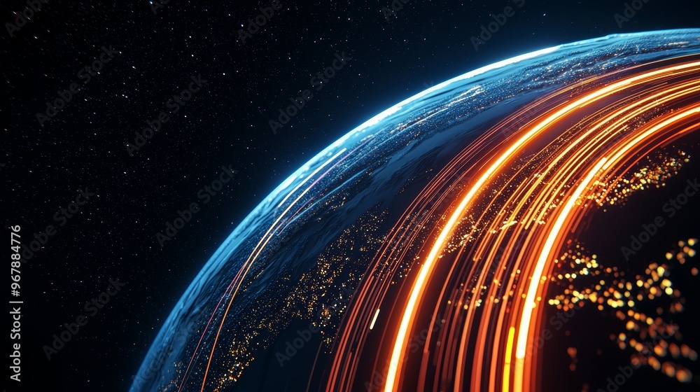 A dynamic, high-tech visualization of global data transmission, with colorful, glowing lines extending from the Earths surface into space, symbolizing the future of digital connectivity A dynamic, high-tech visualization of global data transmission, with colorful, glowing lines extending from the Earths surface into space, symbolizing the future of digital connectivity