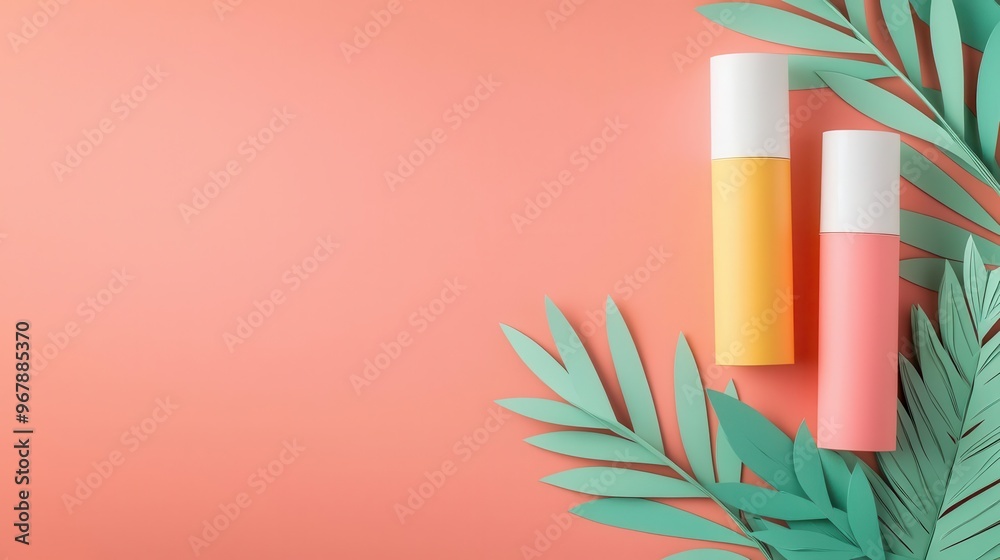 Handcrafted paper lip gloss tubes, surrounded by paper vines, pastel background, minimalist and delicate Handcrafted paper lip gloss tubes, surrounded by paper vines, pastel background, minimalist and delicate