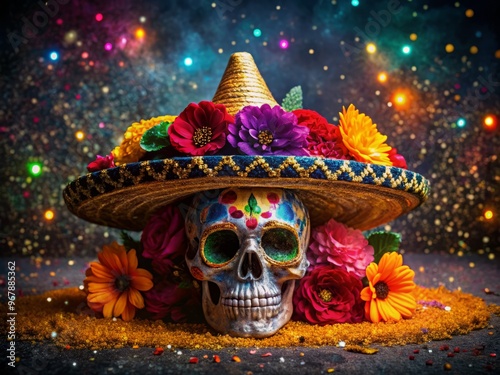 Vibrant sombrero rests atop a macabre sugar skull, adorned with colorful blooms and a sprinkle of glitter, amidst