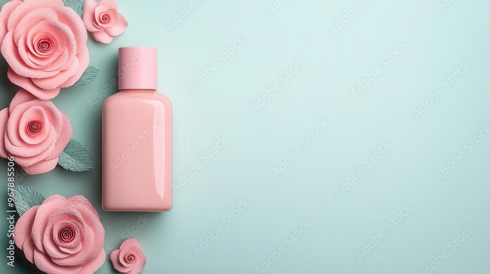 Paper-crafted perfume bottles with detailed caps, surrounded by paper roses, minimalist design, pastel tones, soft lighting Paper-crafted perfume bottles with detailed caps, surrounded by paper roses, minimalist design, pastel tones, soft lighting