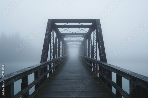 A fog covered bridge stretches into distance, creating mysterious atmosphere with no visible end in sight. tranquil scene evokes sense of calm and contemplation